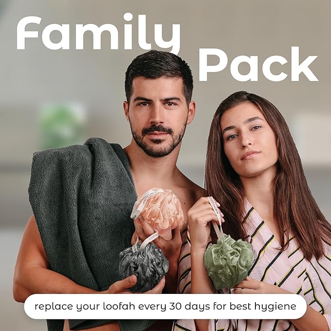 MainBasics Shower Loofah Sponge Pouf, Set of 3, Earthy Love