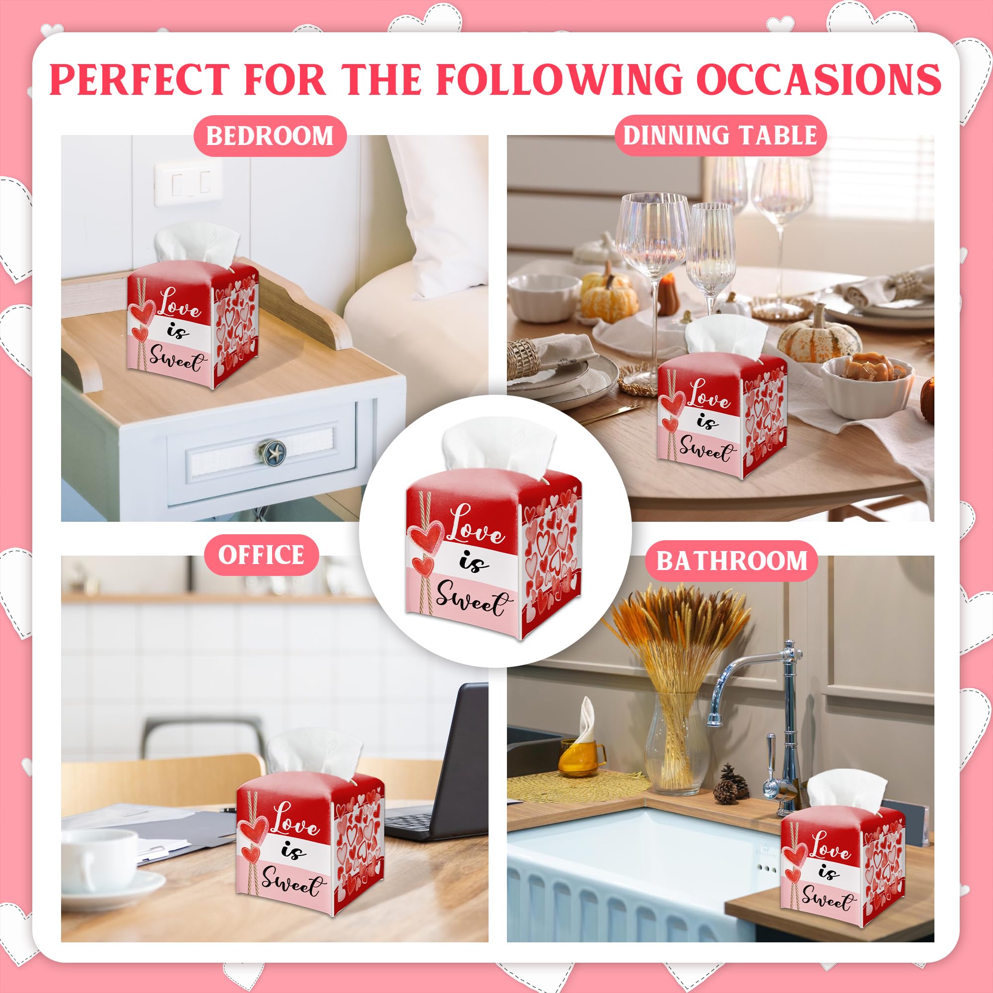 Happy Valentine's Day Red Heart Design Tissue Box Cover - Love Is Sweet PU Leather Waterproof Tissue Holder - Festival Facial Paper Organizer for Home Bathroom Office-Desk Decorative Dispenser Box-B09