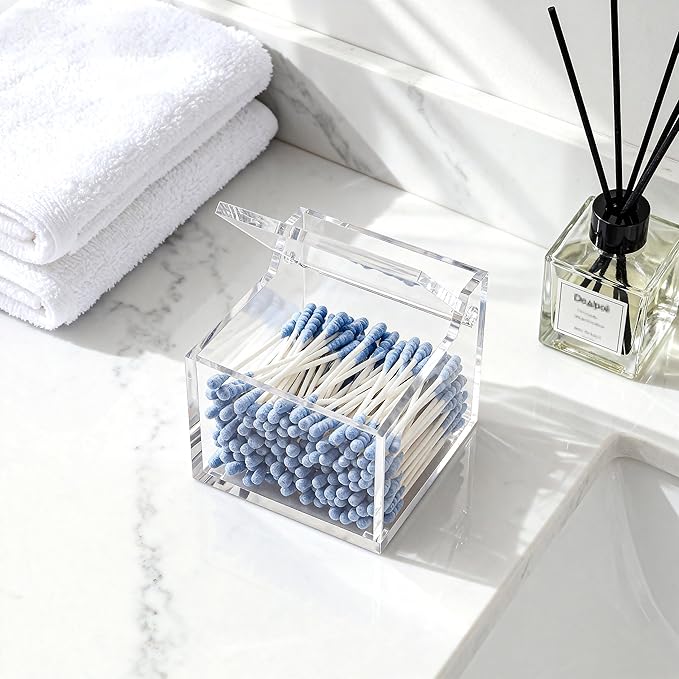 Dealpoli Clear Acrylic Qtip Holder With Lid Cotton Balls Swab Organizer,Square Q Tip Storage, Floss Picks, Bath Salts, Cotton Wab Holder,Home Bathroom Decor (DP011)