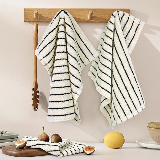 Jacquotha Striped Cotton Washcloths 4 Pack, 13” x 13” - Soft Wash Cloths for Bathroom, Kitchen, Gym, Face, Black and Cream