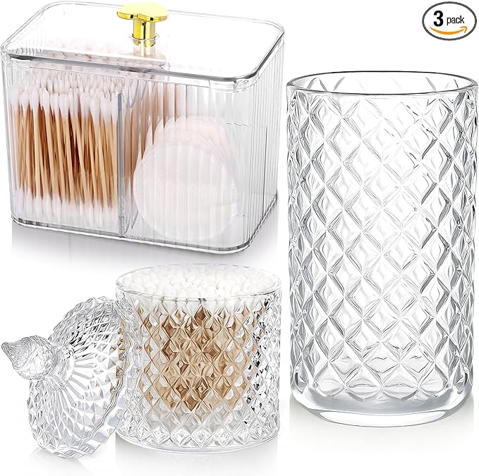 3 Pcs Qtip Holder Dispenser Bathroom Set Cotton Ball Holder Cotton Swabs/ball Storage Box 3 Grids Partition Cosmetics Storage Dispenser for Vanity Tray Candy Container Jar For Home (White)