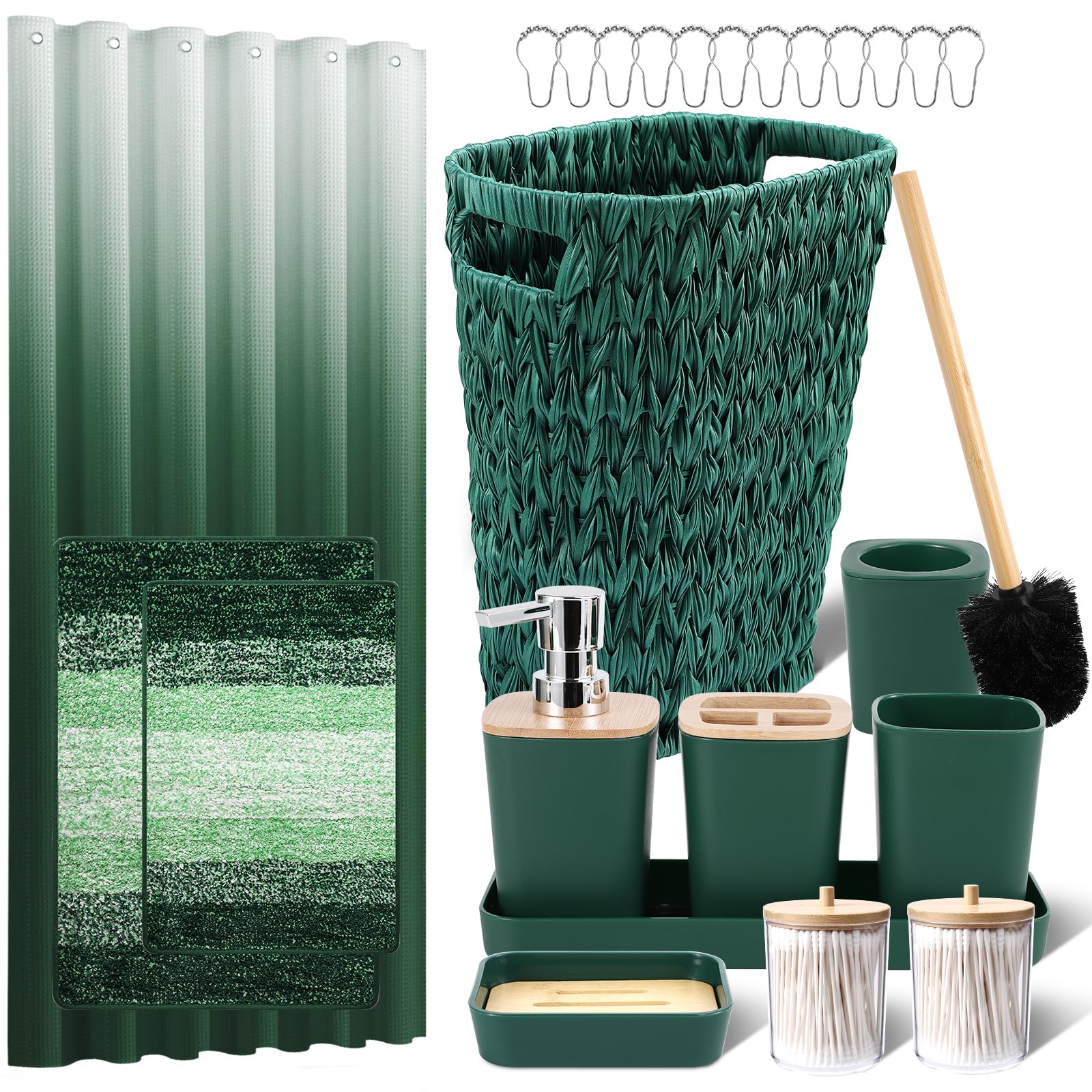 XLHOMO Dark Green Bathroom Accessories Set with Wicker Trash Can Shower Curtain and Rugs,Bathroom Sets Small Waste Basket Bathroom Trash Can for Bedroom Bathroom