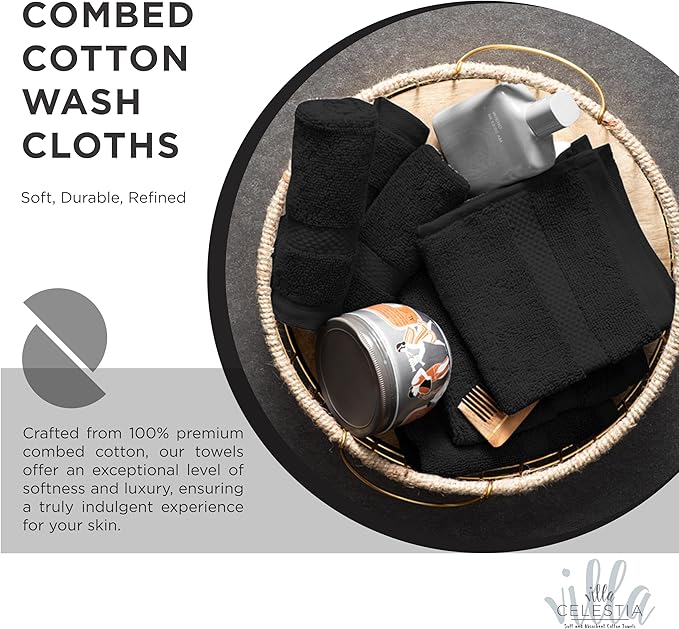 100% Cotton Wash Cloth for face & Body Set of 6, (12 x 12 inches) Sustainable, Soft, Highly Absorbent, Combed Cotton Wash Cloths Pack of 6 for Hotels, Spa, Bathroom, Dorm, Black