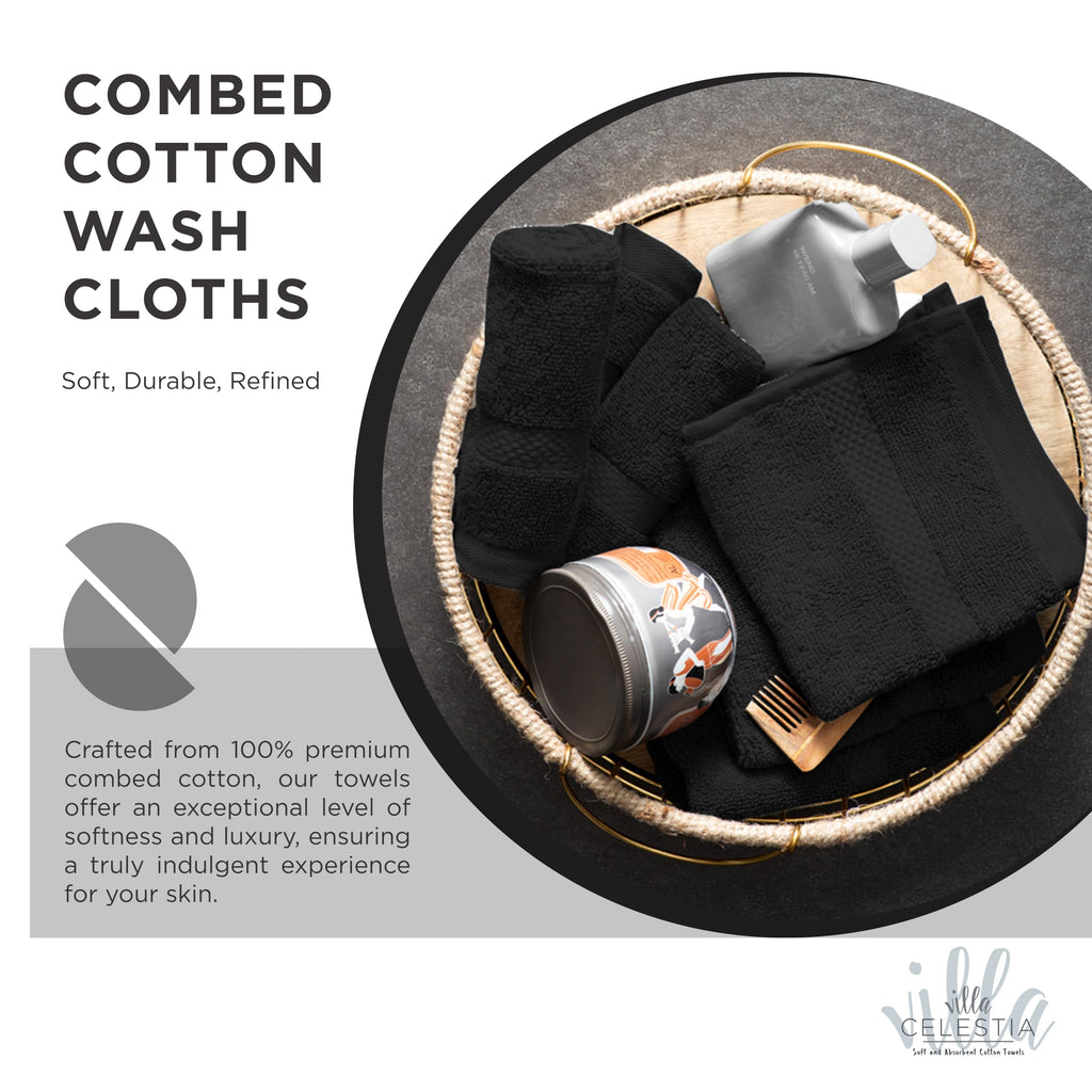 Villa Celestia 100% Cotton Wash Cloth for face & Body Set of 12, (12 x 12 inches) Sustainable, Soft, Highly Absorbent, Combed Cotton Wash Cloths Pack of 12 for Hotels, Spa, Bathroom, Dorm, Black