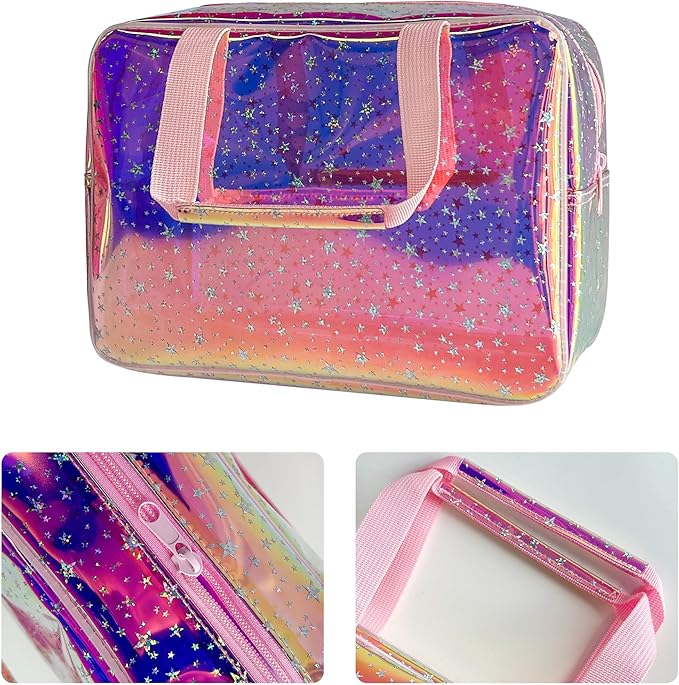 TotePrint TPU Holographic Pink Star Large Cosmetic Bag 12x5x8 inch Travel Pouch with Handle,Durable Material,Zipper Design-Ideal for Makeup,Travel Essentials (9593-8)
