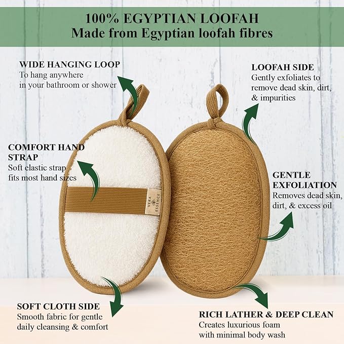 Natural Loofah Exfoliating Body Scrubber (Pack of 2) - Made from Egyptian Luffa, Gentle Bath Sponge for Men and Women - Deep Cleansing Soft Pad Dual-Sided w/Terry Cloth, Hand Strap for Shower & Spa