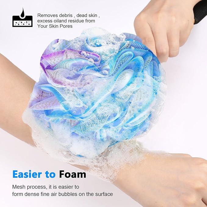 FORENEE Blue, Purple and White Loofah on a Stick, PE Mesh Back Scrubber