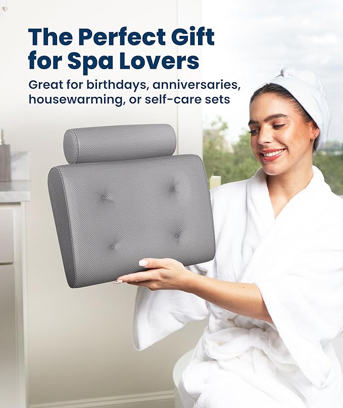 Everlasting Comfort Luxury Bath Pillow for Tub – Quick-Dry 4D Mesh – Gray