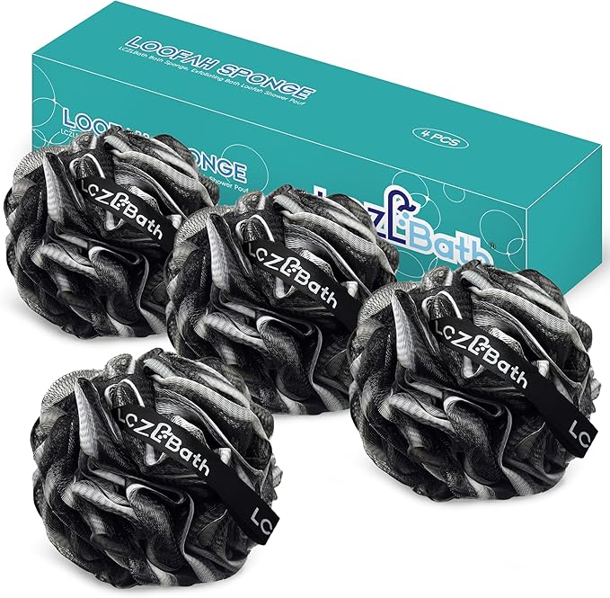 LCZLBath Shower Loofah 4PCS Soft Bath Body Sponge 60g Loofa Set Thick Wash Puffs for Women and Men (Black)