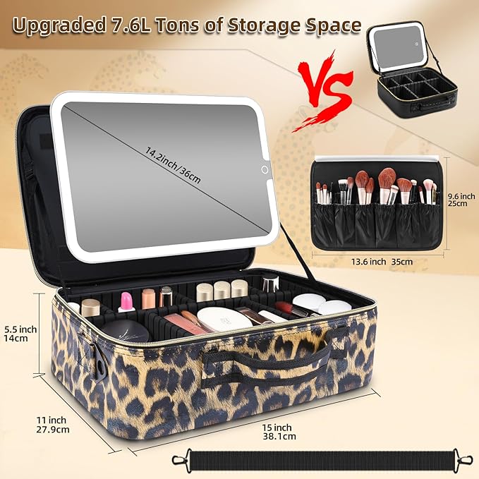 15''X11'' Large Makeup Bag with Removable Lighted Mirror, PU Leather