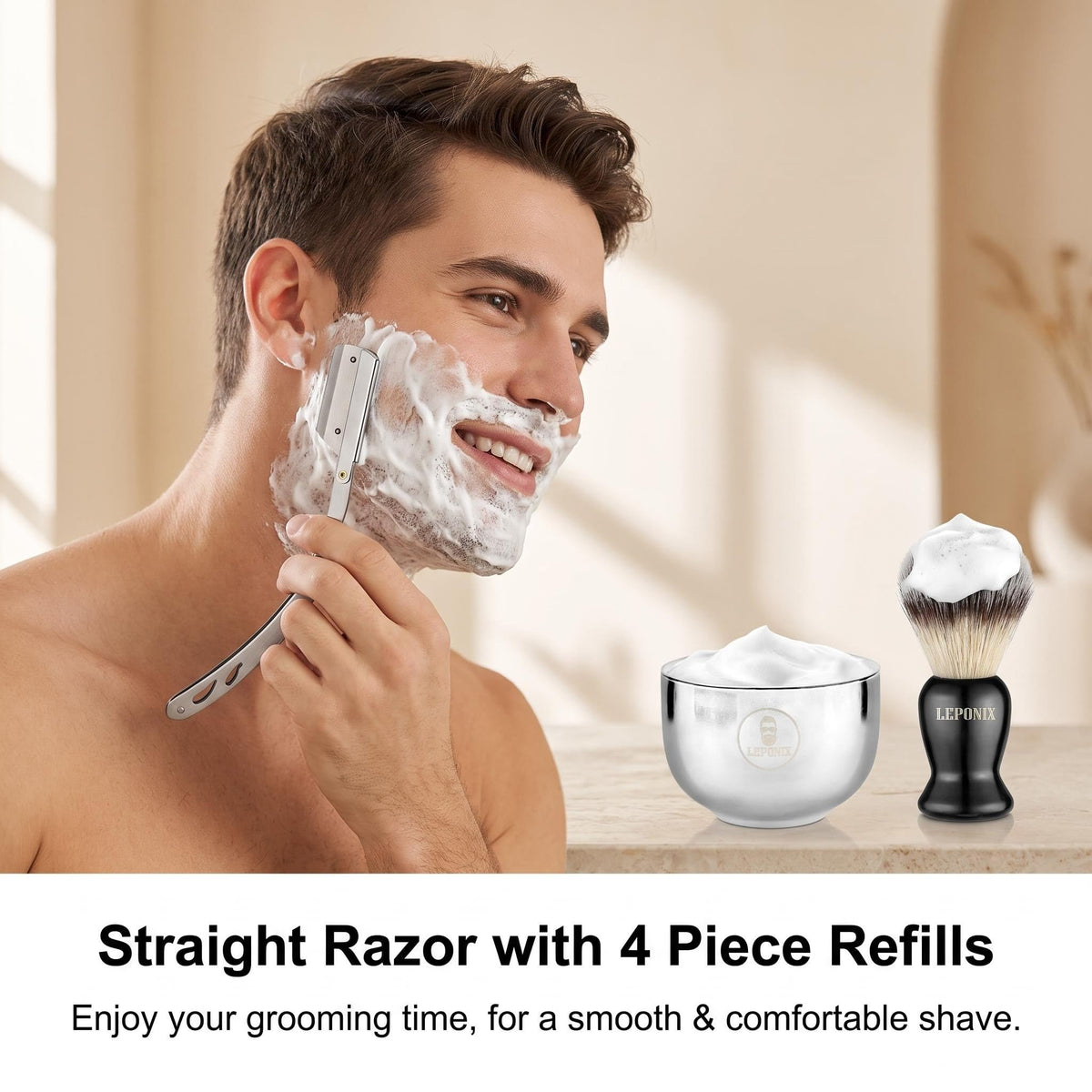 LEPONIX Shaving Kit for Men with Straight Razor Shaving Brush and Bowl