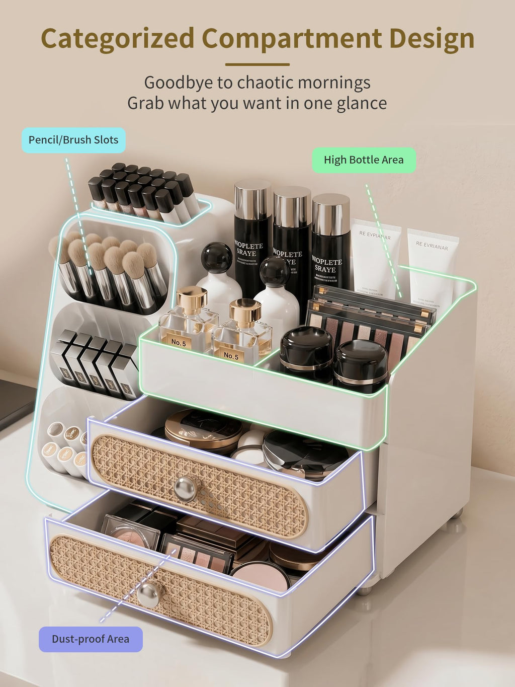 Booklov Large Makeup Organizer for Vanity Countertop, White
