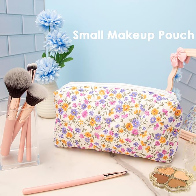 PAZIMIIK Small Quilted Makeup Bag,Zipper Cosmetic Pouch,Ditsy Floral,6 Pack