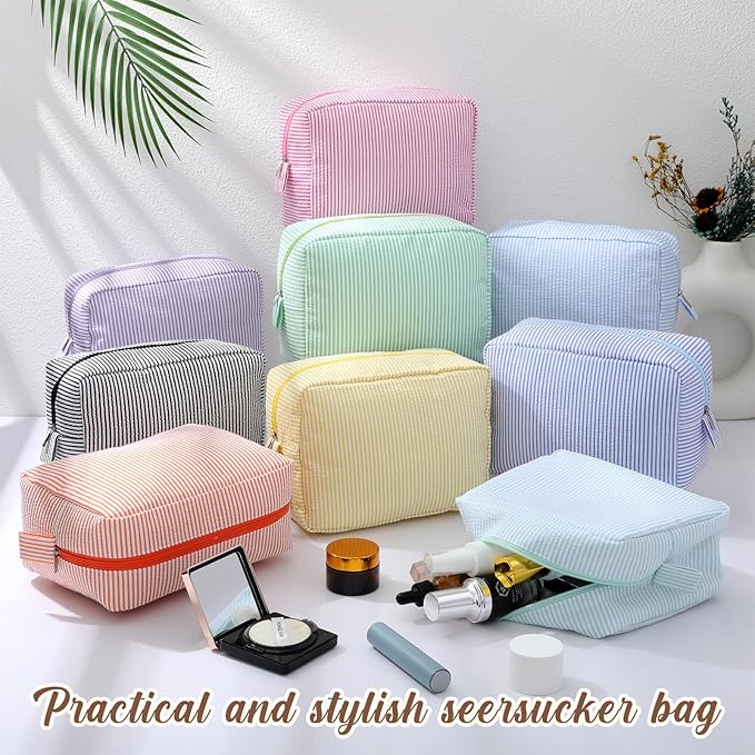 Sanwuta 9 Seersucker Cosmetic Bag Bulk Striped Makeup Bag for Women Aesthetic Cute Travel Toiletry Organizer Preppy Storage Pouch for Wedding Bridesmaid Mother's Day Teacher Gift (Large,Candy Color)