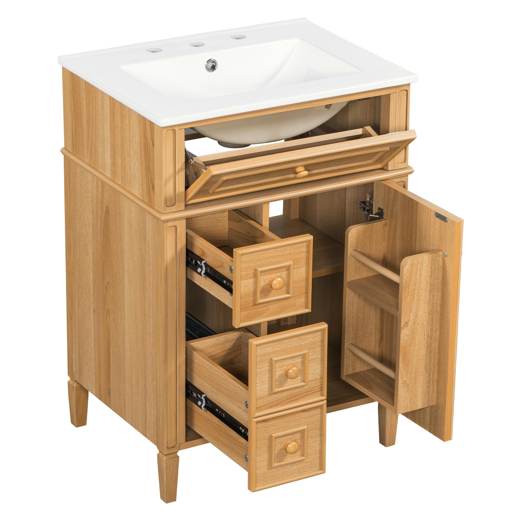 Harper & Bright Designs 24" Bathroom Vanity with Sink, Free Standing Single Basin Vanity Set with Tip-Out Drawer, 2 Drawers, and 2 Doors, Wood Bathroom Cabinet with Ceramic Basin for Bathroom, Wood