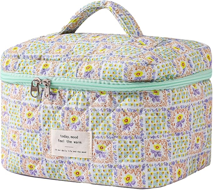 uekeboag Large Travel Quilted Makeup Bag for Women, Floral Cotton Cosmetic Bag, Coquette Aesthetic Floral Toiletry Organizer Bag (04Yellow-Flower)