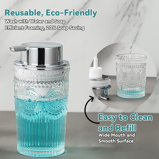 Glass Foaming Soap Dispenser Set - 2 Pack Foam Hand Soap Dispenser for Bathroom, Clear Hand Wash Dispenser Bottle with Silver Pump for Kitchen, 10 Oz Refillable Dish Liquid Foam Dispenser 2 Pcs