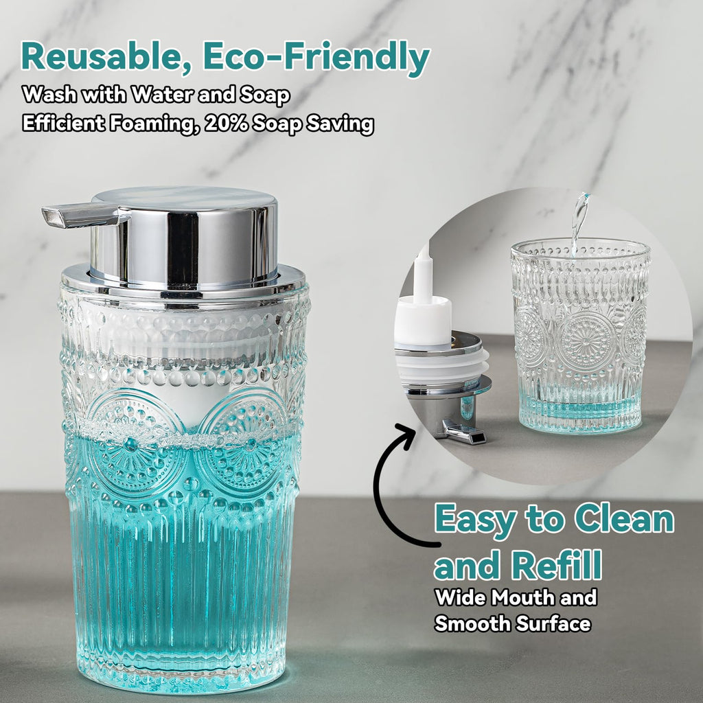 AZMOYAC Glass Foaming Soap Dispenser - Foam Hand Soap Dispenser Bathroom, 10 OZ Clear Refillable Liquid Dispenser for Kitchen Dish Dispenser Silvery Foam Pump