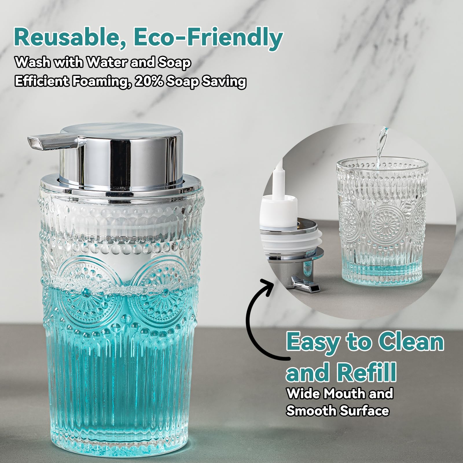 AZMOYAC Glass Foaming Soap Dispenser - Foam Hand Soap Dispenser Bathroom, 10 OZ Clear Refillable Liquid Dispenser for Kitchen Dish Dispenser Silvery Foam Pump