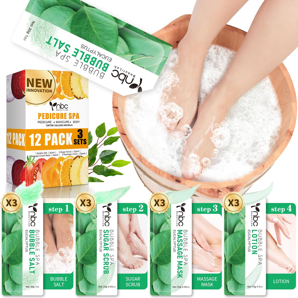 nbc BeautiLab Pedicure Kit Foot Soak Set: Bubble Salt, Sugar Scrub, Massage Mask, Massage Lotion in a Box, 4 Step Foot Spa Kit for Dry Feet,Tired Feet（3 Set Eucalyptus)
