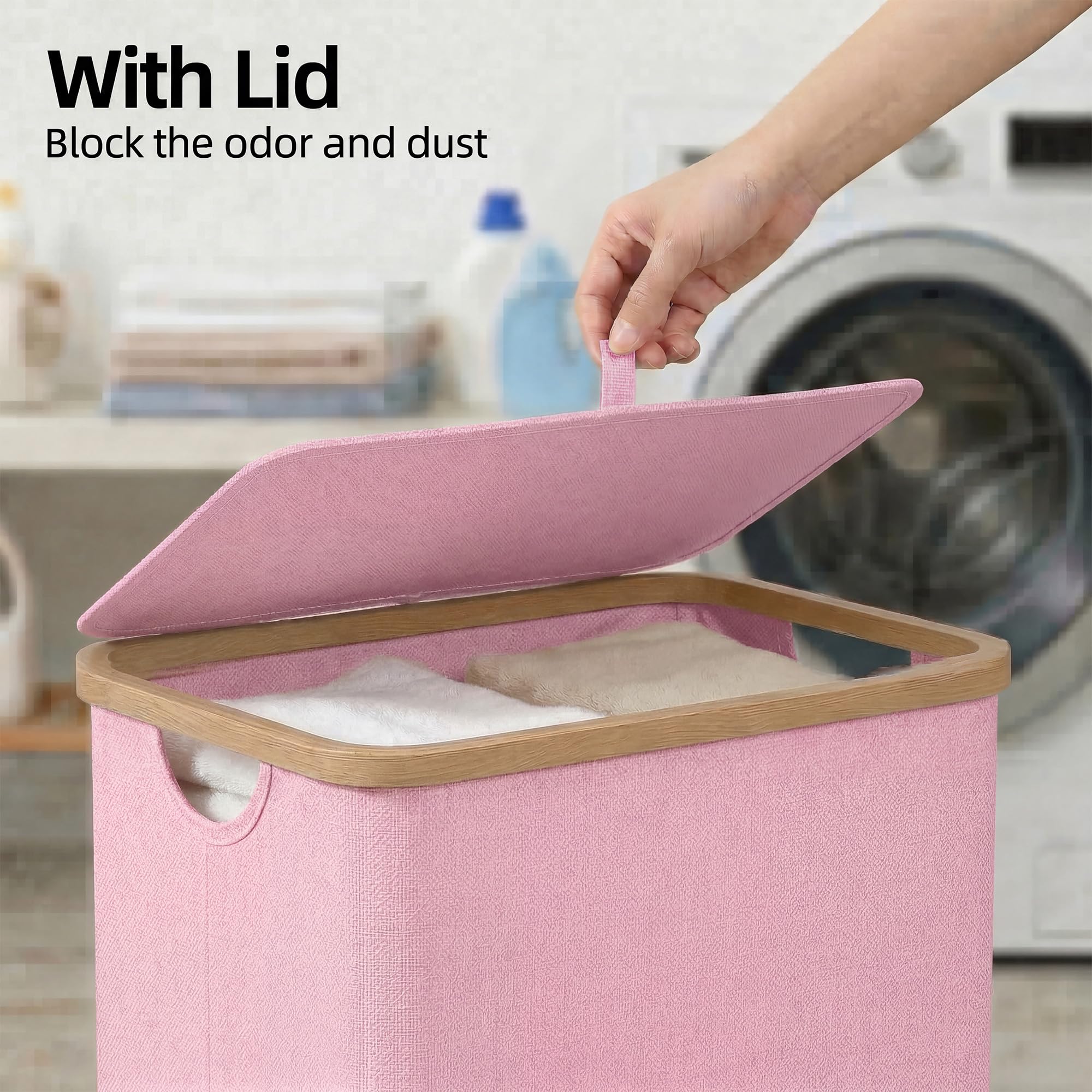 efluky Slim Laundry Basket with Lid, Narrow Laundry Hamper with Removable Bag, Skinny Dirty Clothes Basket with Bamboo Handles for Bathroom, Bedroom & Laundry Room, 65L Pink