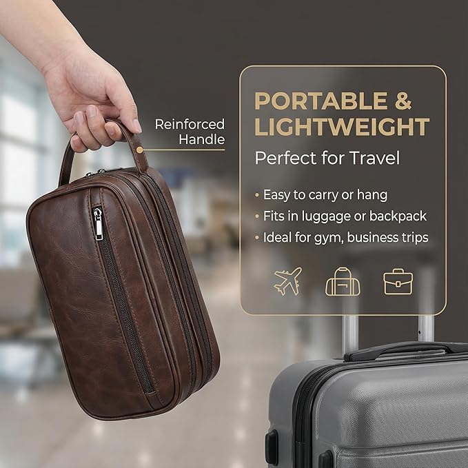 Men’s Toiletry Bag Travel Dopp Kit–double-deck Leather Water-Resistant Shaving Organizer Large Capacity, Double Compartments & Inner Pockets for Grooming, Bathroom & Gym Trip Toiletry Case(Coffee)