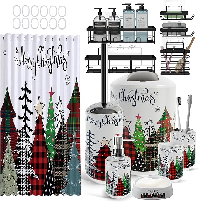 Clara Clark Bathroom Accessories Set - 23PC Shower Curtain Set with Bathroom Trash Can, Green Bathroom Set, Bathroom Sets with Shower Curtain and Green Rugs