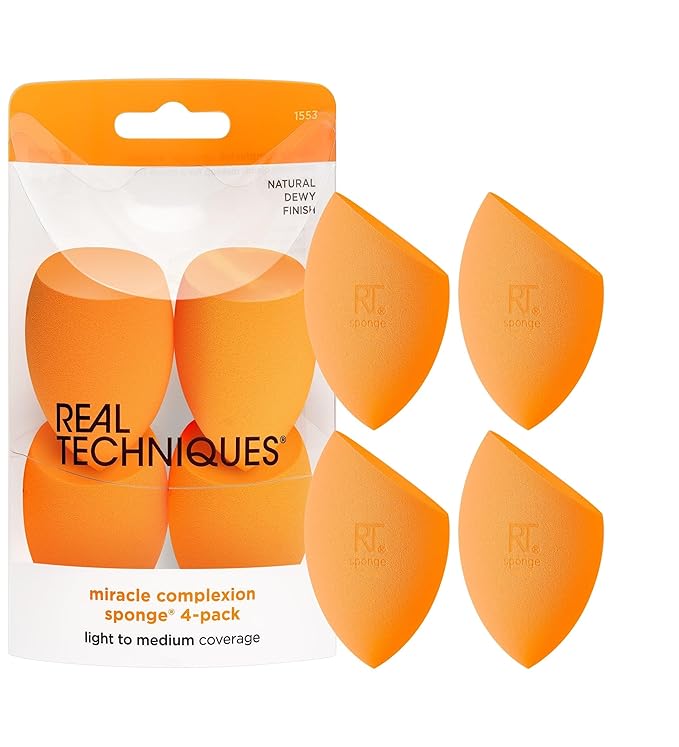 Real Techniques Miracle Complexion Sponge, 4 Pack, For Applying Liquid & Cream Foundation, Skin Tint & Concealer, Makeup Blending Sponge, Natural Finish, Latex-Free & Cruelty-Free