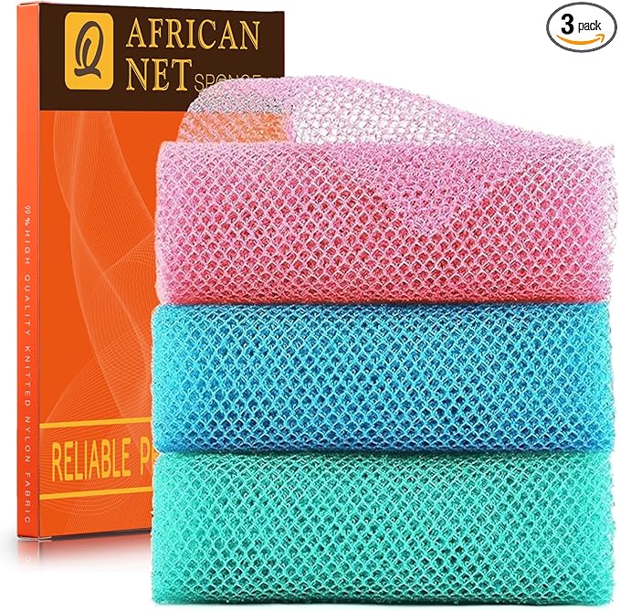 3 Piece Bright Style African exfoliating net Exfoliating Shower Set Long Bath Sponges for Smooth, Refreshed Skin, The Exterior Gleams - Ideal for Daily Use (Bright Yellow, Purple)