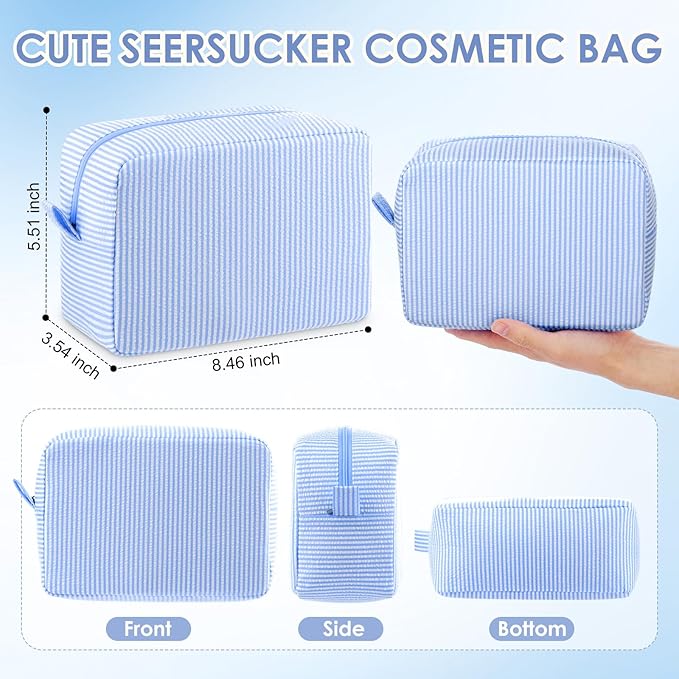 Sanwuta Seersucker Cosmetic Bag Bulk Striped Makeup Bag for Women Aesthetic Cute Travel Toiletry Organizer Preppy Storage Pouch for Wedding Bridesmaid Mother's Day Teacher Gift(Large,Light Blue,6)