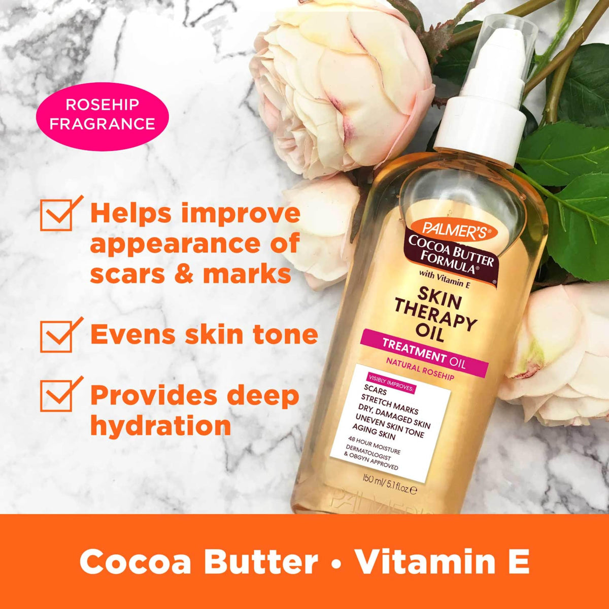 Palmer's Cocoa Butter Formula Skin Therapy Moisturizing Body Oil with Vitamin E, Rosehip Fragrance, 2 Ounces