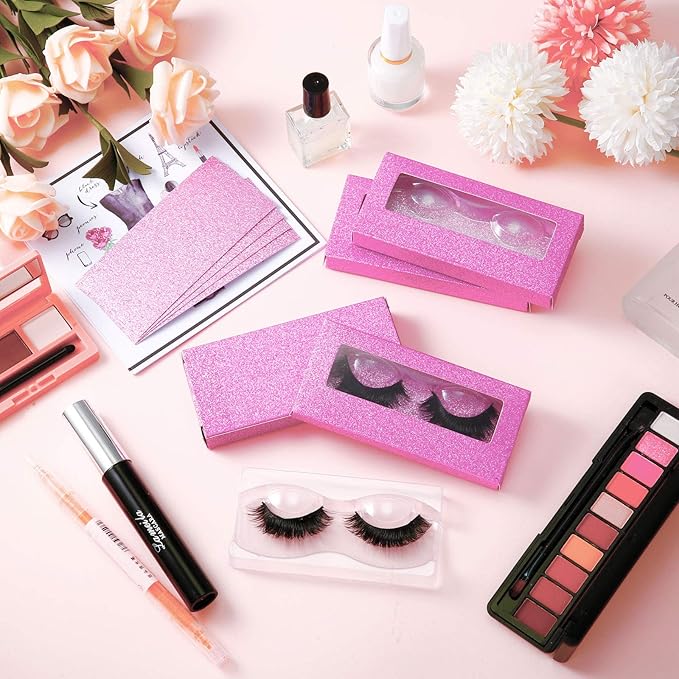Maitys 50 Sets Empty Lash Case Set, Include Empty Eyelash Box Packaging Storage Box, Eyelash Boxes Tray False Storage, Internal Background Paper(Pink)