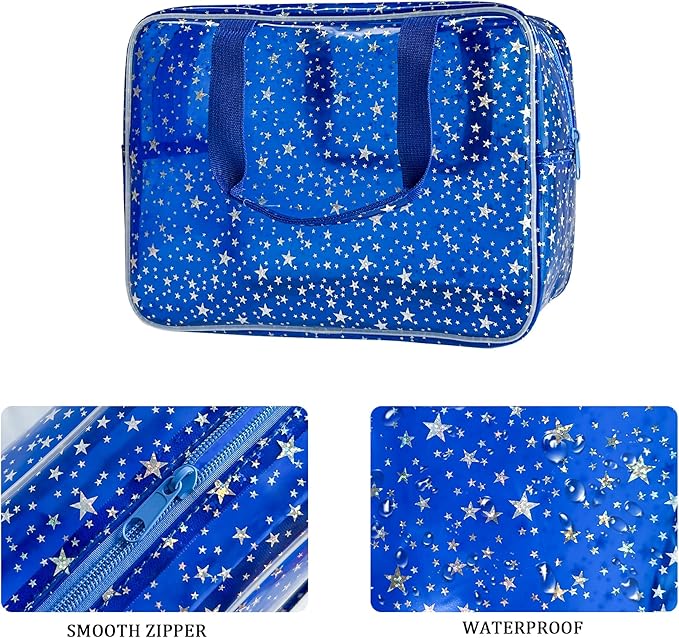 TotePrint Dark Blue Clear Star Large Cosmetic Bag and Travel Pouch with Handle,Durable Material,Zipper Design-Ideal for Makeup,Travel Essentials (Dark Blue)