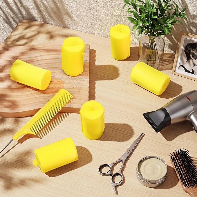 Syhood 18 Pcs Satin Rollers for Black Hair Foam Sponge Rollers Yellow Satin Wrapped Hair Curlers for Hairdressing Styling(1.42 Inch)