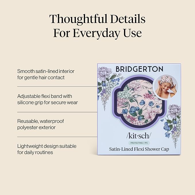 Bridgerton x Kitsch Luxury Satin-Lined Flexi Shower Cap for Women, Wisteria