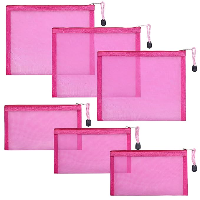 besharppin 6 Pack Mesh Cosmetic Bags, Nylon Makeup Pouches with Zipper for Home Office Purse Diaper Bag (Rose)