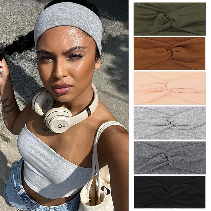 XTREND 6 Pcs Headbands for Women, Twisted Cross Elastic Head Bands Yoga Workout Non-Slip Sweat Soft Solid Color Simple Versatile Hair Accessory Hairbands
