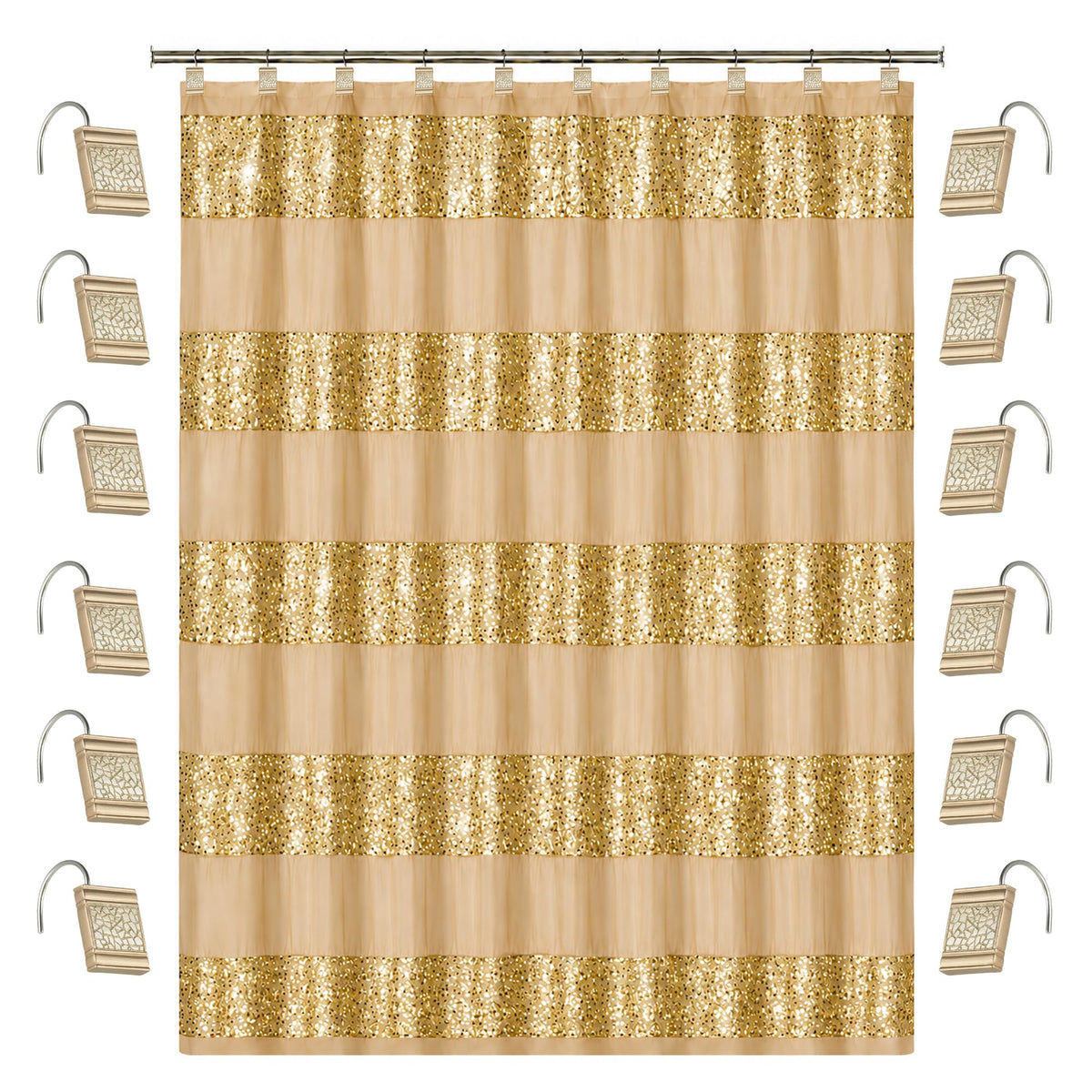 Zahari Home 13pc Rose Vine Bathroom Sheer Shower Curtain Sets Sheer Shower Curtain & 12 Shower Bathroom Hooks Modern Classic Luxury Contemporary Decor Beige Shower Curtain Set