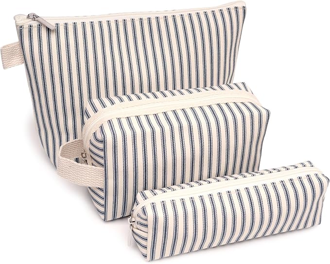 Beayuva 3 Pcs Canvas Makeup Bag Set Cosmetic Pouch for Women Travel Toiletry Bag Cute Makeup Organizer Purse Pouch Preppy Pencil Case with Zipper (Blue Pinstripes)