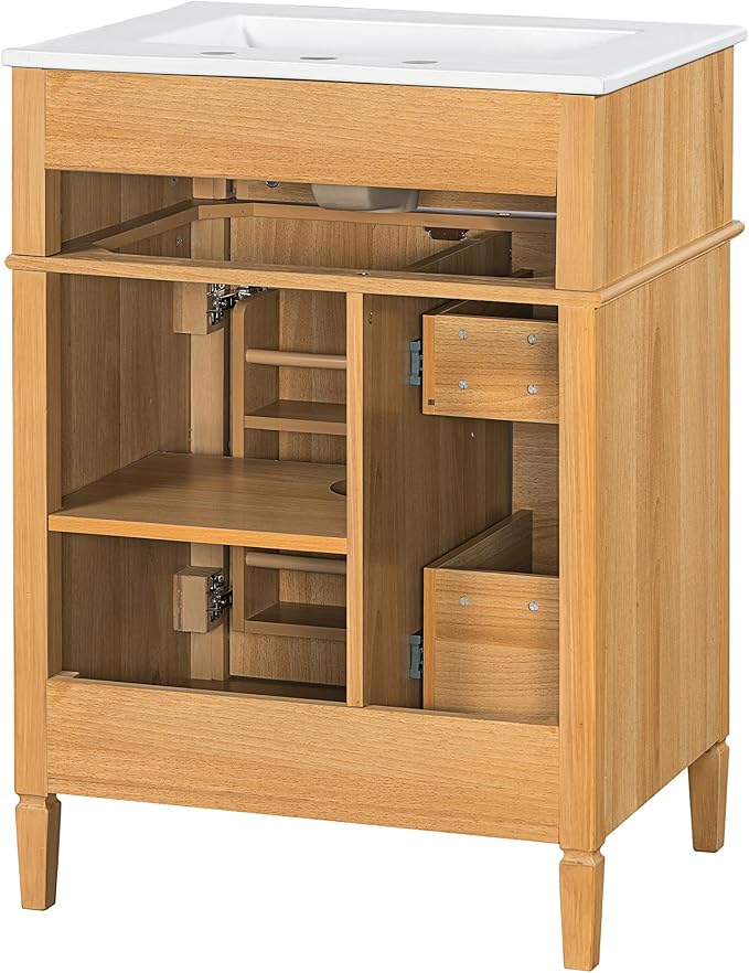 Harper & Bright Designs 24" Bathroom Vanity with Sink, Free Standing Single Basin Vanity Set with Tip-Out Drawer, 2 Drawers, and 2 Doors, Wood Bathroom Cabinet with Ceramic Basin for Bathroom, Wood