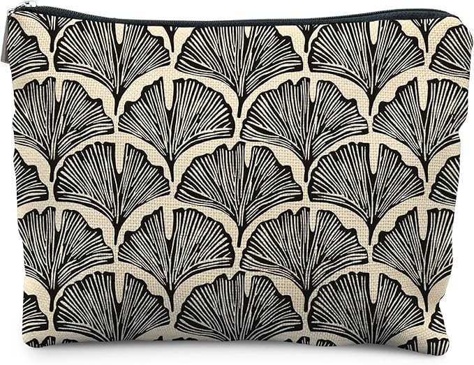 RYYCDOI Abstract Black and Beige Makeup Bag, Art Deco Feather Palm Botanical Cosmetic Bags for Women, Mid Century Modern Art Zipper Makeup Pouch