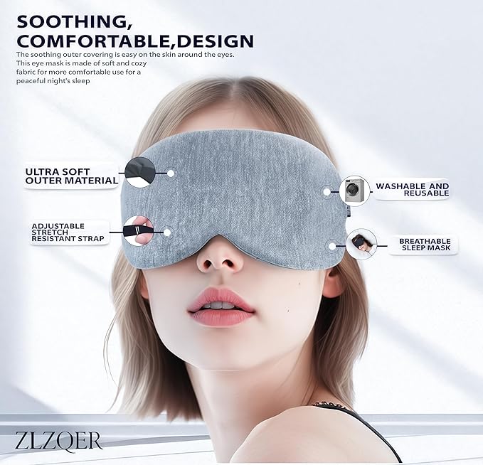 ZLZQER Cool Touch Cotton Eye Sleep Mask for Men & Women, Soft Breathable Flexible Fit for Side Sleepers, Adjustable Light Blocking Mask for Sleeping, Airplane Travel & Naps (Gray)