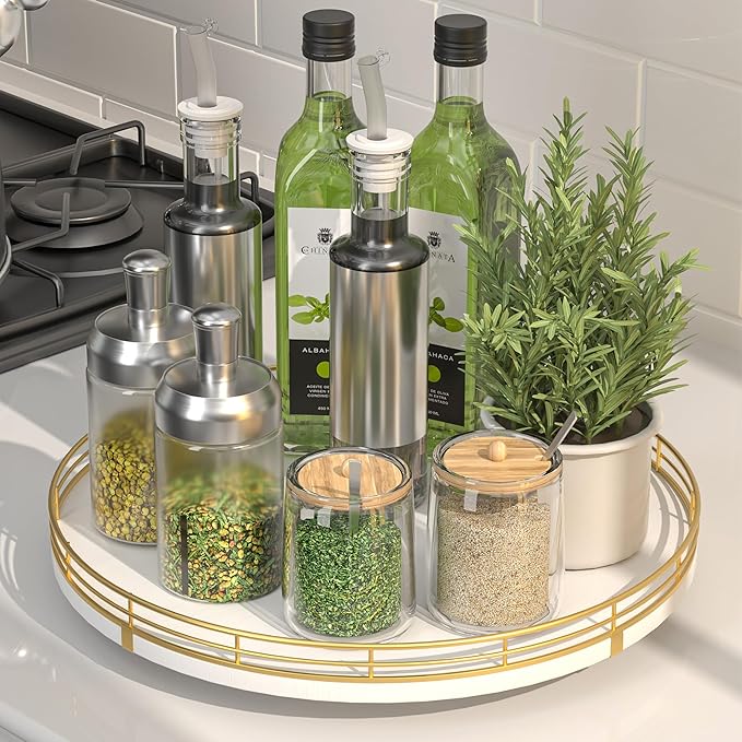 12" Wooden Lazy Susan Turntable for Cabinet – Round Rotating Spice Rack Organizer, White Kitchen Countertop Tray for Dining Table & Pantry Storage (White & Gold)