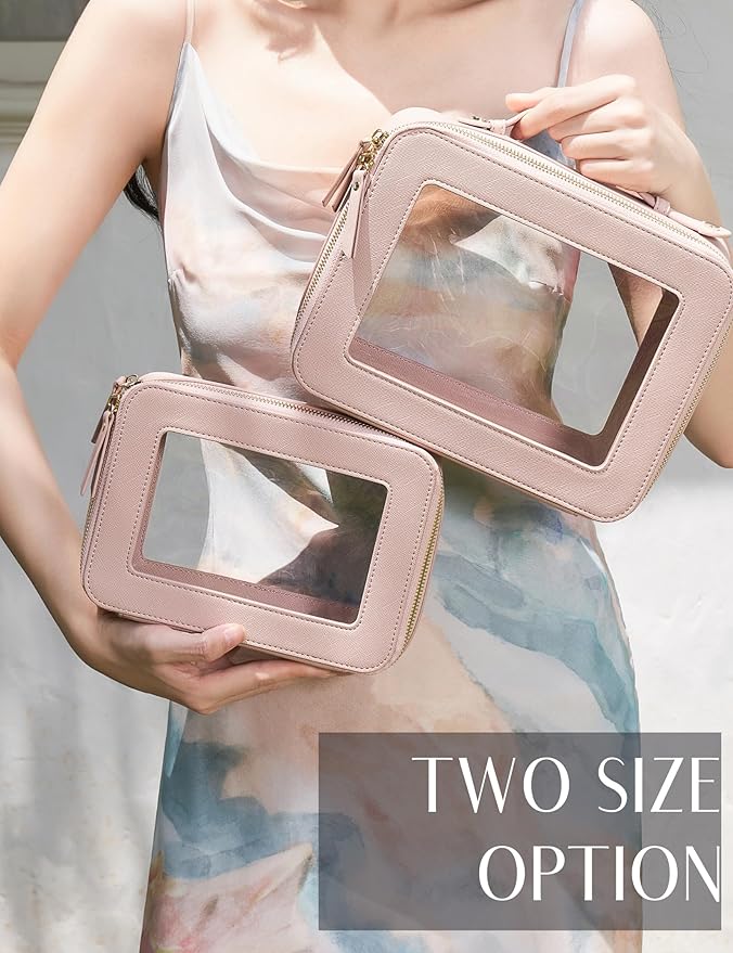 Popvibe Clear Makeup Case Pink Toiletry Bag Travel Medium Clear Cosmetic Bag with Zipper, Small Make Up Bag Organizer Traveling TSA Approved Transparent Bag Car for Essentials