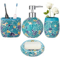 Handmade Blue Mosaic Glass Bathroom Accessory Sets 4PCS Bathroom Accessories Set Complete Includes Lotion Dispenser Toothbrush Holder Tumbler Cup & Soal Dish