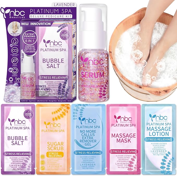 nbc BeautiLab Pedicure Kit Foot Soak Set: Bubble Salt, Sugar Scrub, Massage Mask, Massage Lotion in a Box, 4 Step Foot Spa Kit for Dry Feet,Tired Feet(Lavender)