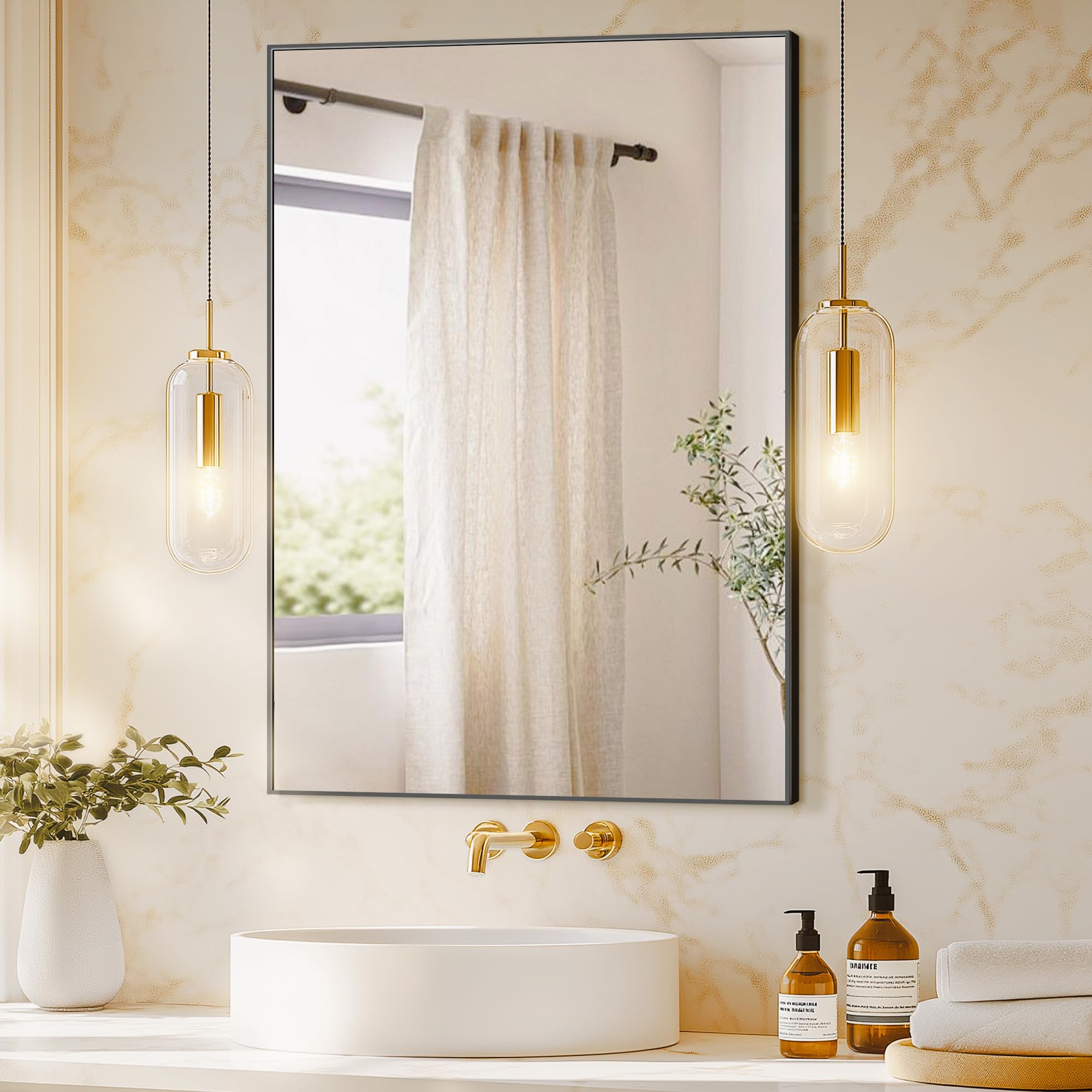 TRAHOME Bathroom Vanity Mirror for Wall, 36" x 24" Metal Framed Rectangular Bathroom Wall Mirror for Over Sink, HD Shatterproof Glass, Hangs Horizontally or Vertically(Black)