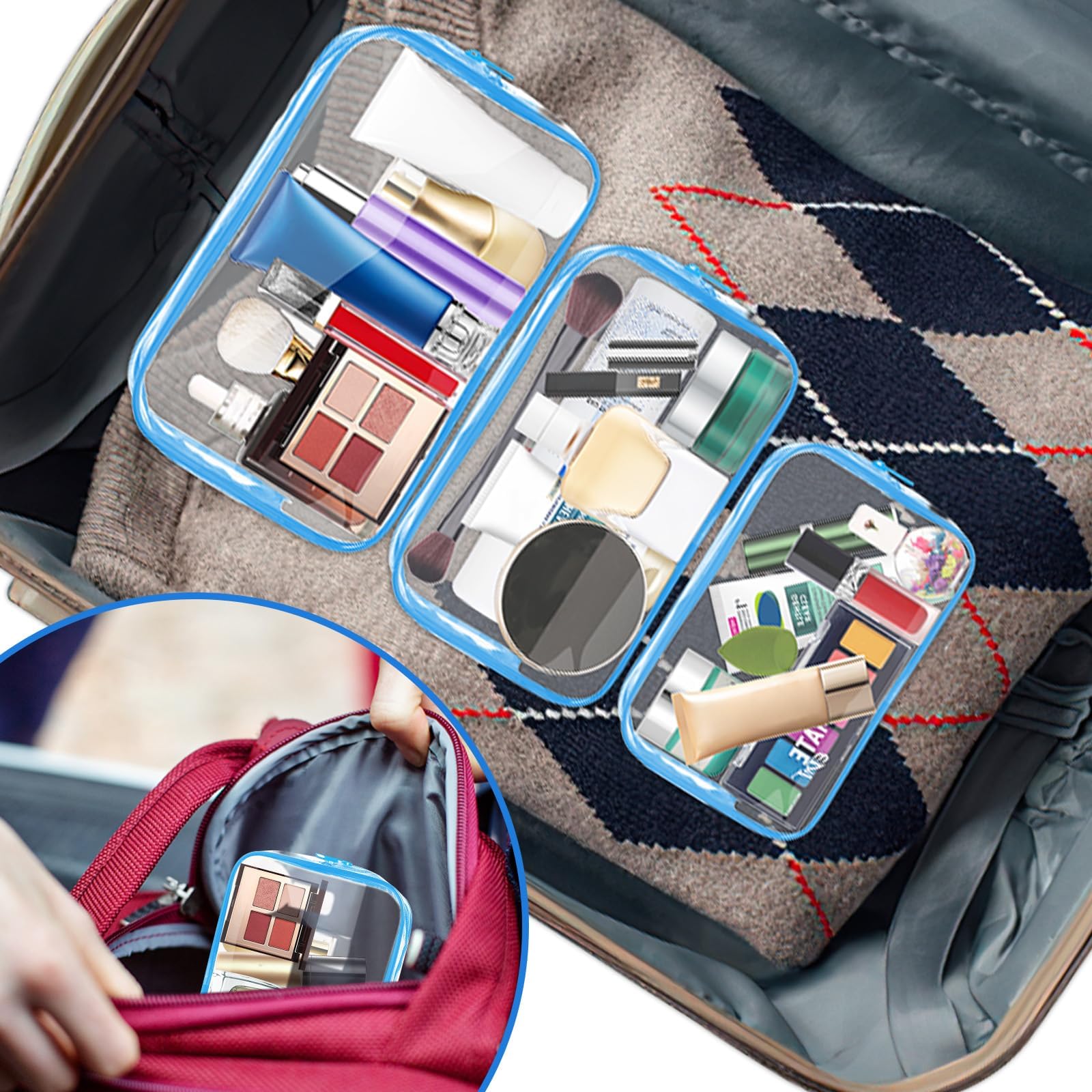 AURUZA Clear Makeup Bag,Portable Travel Toiletry Bags with Zipper, TSA Approved Clear Organizer Bags, PVC Cosmetic Pouch for Airport Airline Compliant (4 Packs Blue)