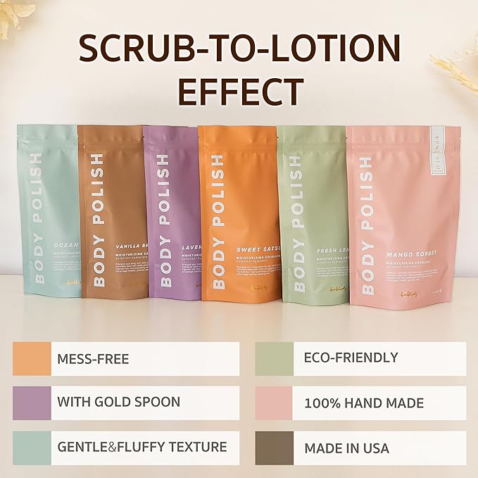 Bonblissity Body Polish, 8oz. - Mango Sorbet Scented Body Scrub Exfoliator for Women, Exfoliating Sugar Scrub To Lotion Moisturizer, Gentle Exfoliant for Dry and Sensitive Skin, Handmade in USA