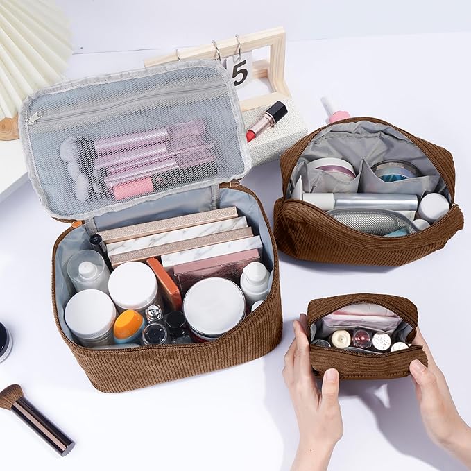 MAGEFY Makeup Bag, 3 Pcs Cosmetics Bag Large Capacity with Handle Make Up Bag for purse Corduroy Bag Pouch for Purse Organizer Bag-Brown